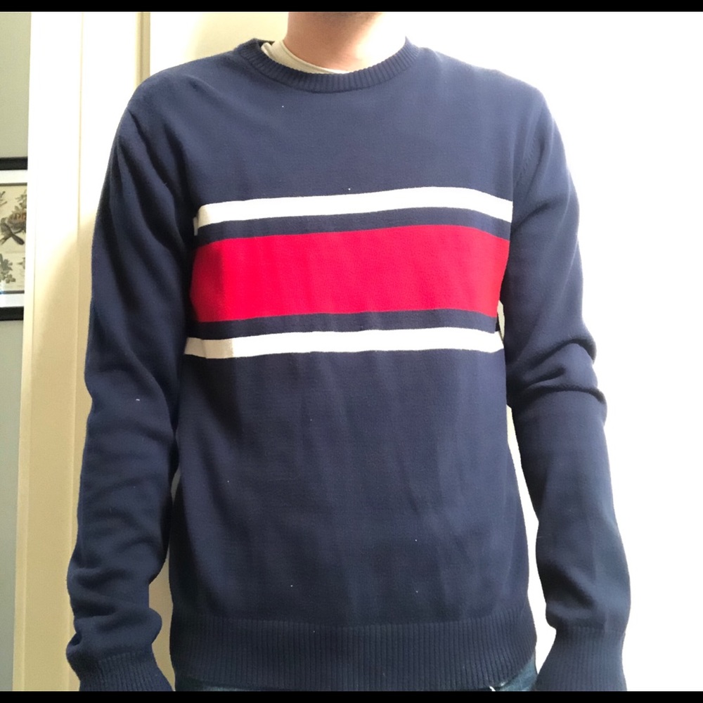 Men’s navy blue, red, white striped sweater